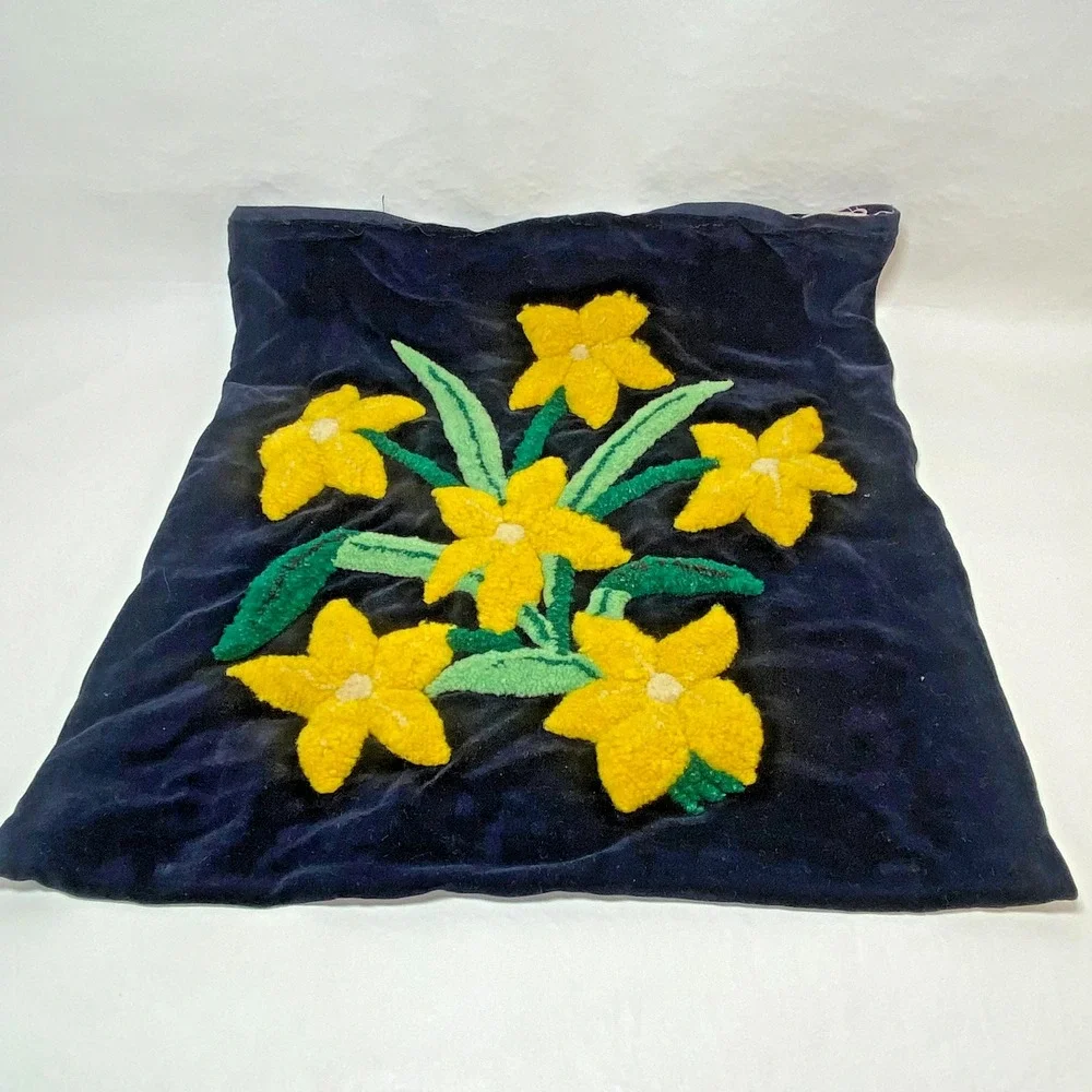VTG Needlepunch Velvet Pillowcase Unfinished Yellow Flowers Floral Black Kitschy